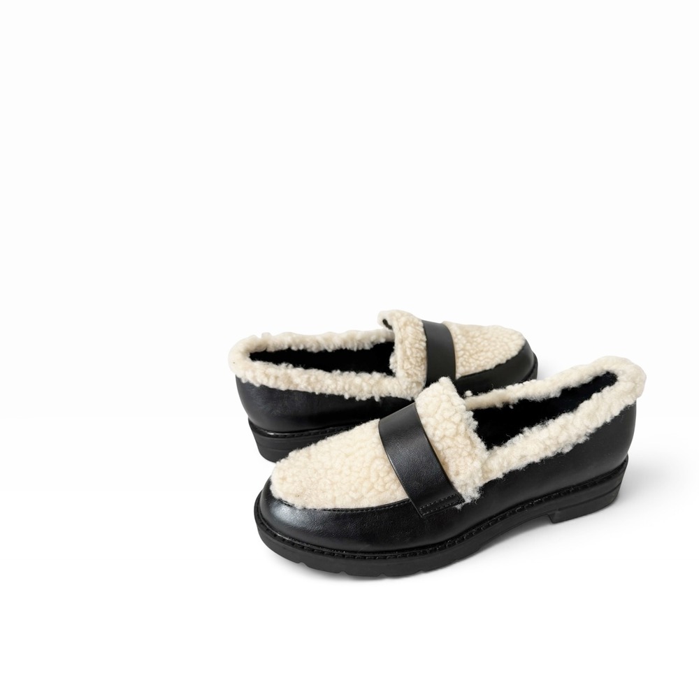 JustFab Leli Womens Black Cream Sherpa Chunky Platform Lug Sole Loafer Size 8